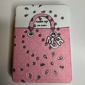 Pink and White Makeup Mirror with Glitter Accents